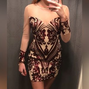 Red and nude and mesh bodycon sequin cocktail dress! Size medium long sleeve